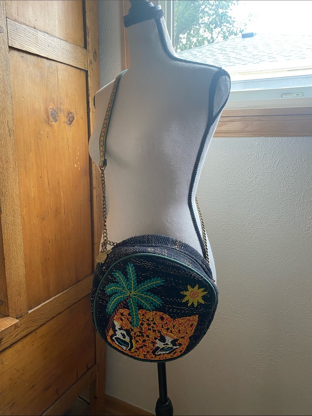 Black Beaded Round Crossbody Bag with Leopard & Palm Design - Picture 2 of 13